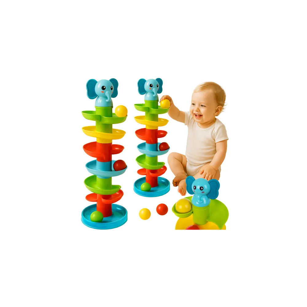 Wieża z piłeczkami dla dzieci z kolorowymi elementami na białym tle