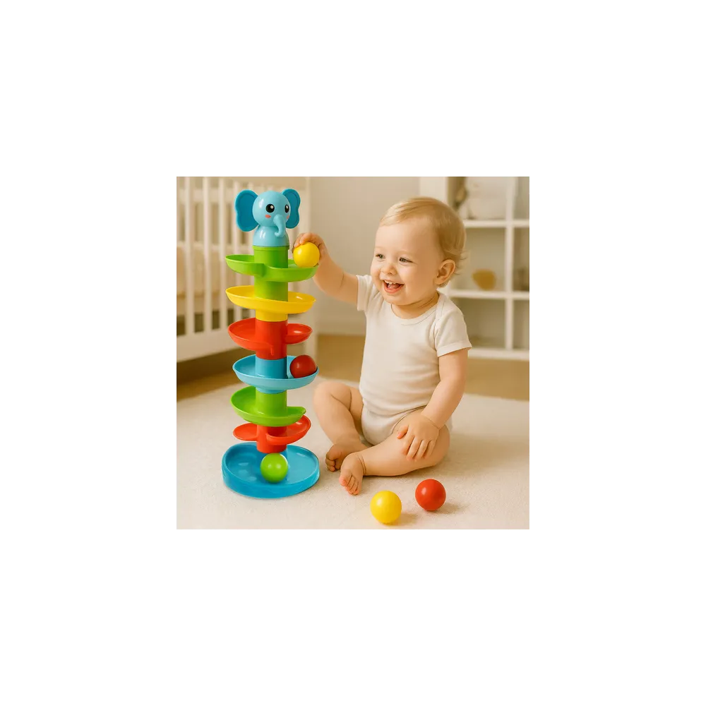 Zestaw sześciu barwnych piłeczek obok wieży