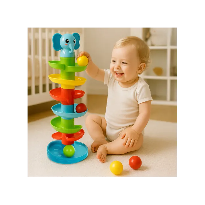 Zestaw sześciu barwnych piłeczek obok wieży