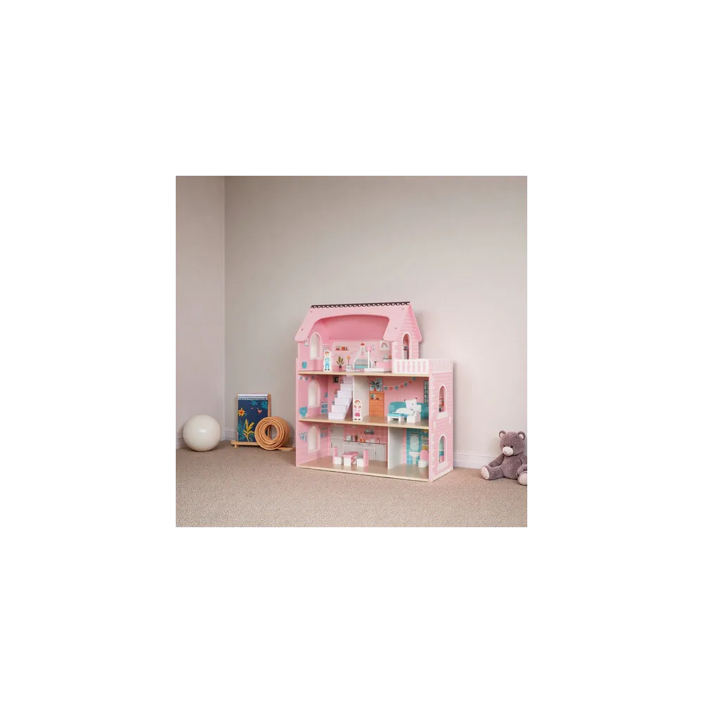 Widok na balkon i ruchome akcesoria w domku drewnianym Kruzzel