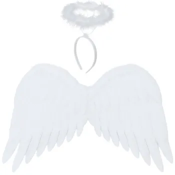 białe skrzydła anioła z opaską i aureolą na tle neutralnym