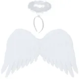 białe skrzydła anioła z opaską i aureolą na tle neutralnym