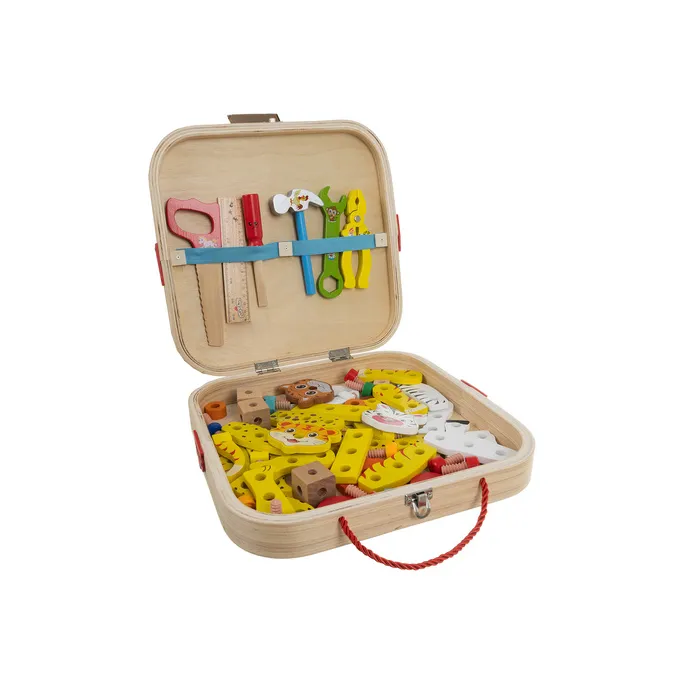 fragment zestawu z kolorowymi śrubkami, kołami i kluczem francuskim