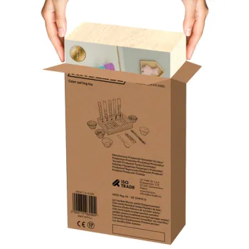 Drewniana tacka z miseczkami i kulkami w różnych kolorach