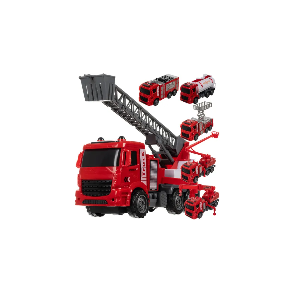 Widok zestawu sześciu czerwonych samochodów strażackich na tle białym