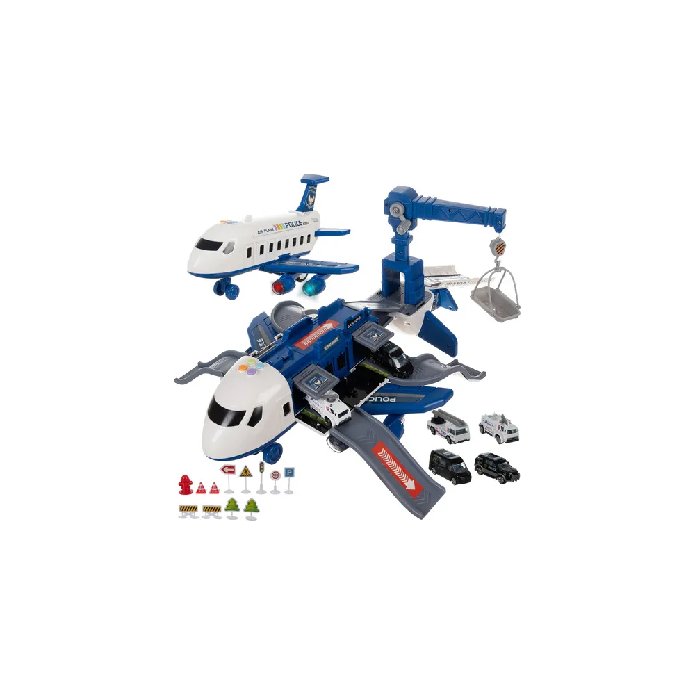 samolot policyjny rozkładany w barwach niebiesko-białych z autkami