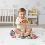 Komplet klocków sensorycznych 8 sztuk prezentowany na zdjęciu z bliska