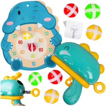 zestaw do gry zręcznościowej ze strzelającym dinozaurem na białym tle