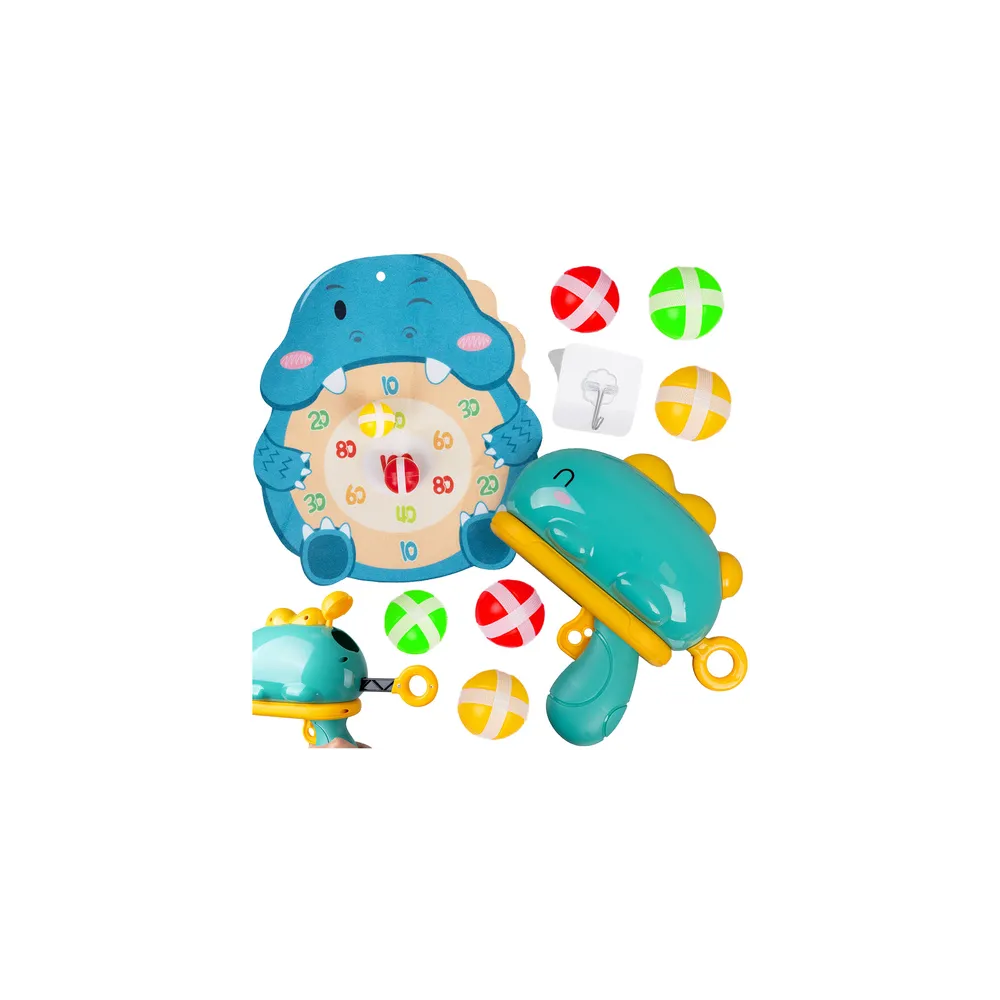 zestaw do gry zręcznościowej ze strzelającym dinozaurem na białym tle