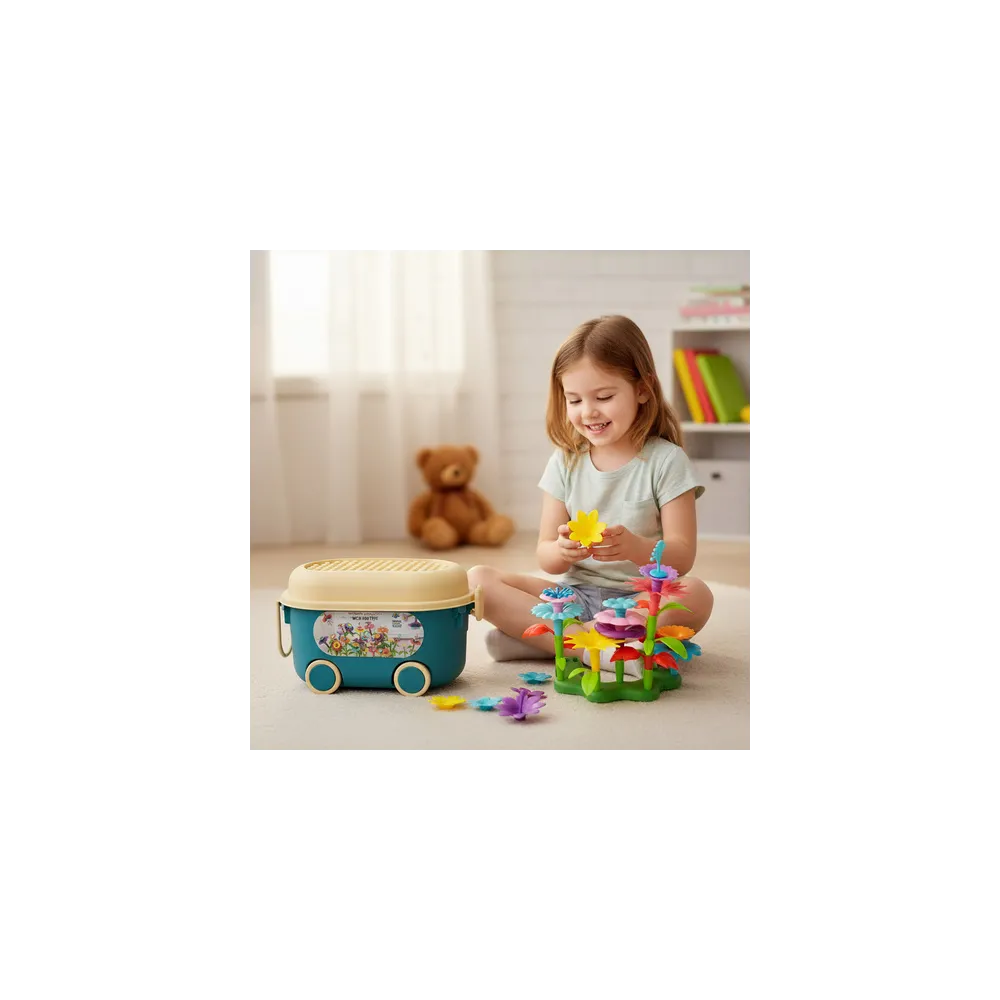 różnorodne kolorowe kwiaty, łodygi i listki z zestawu klocków