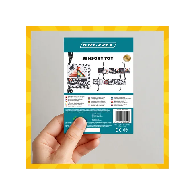 Strony książeczki sensorycznej z kontrastowymi ilustracjami dla niemowląt