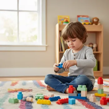 różne kształty i kolory klocków sensorycznych rozłożone na podłodze