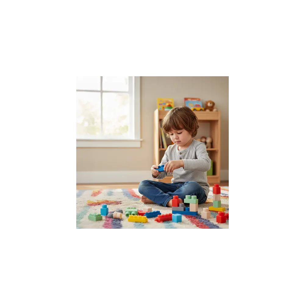 różne kształty i kolory klocków sensorycznych rozłożone na podłodze