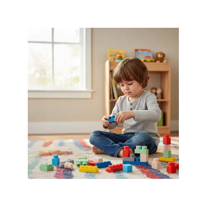 różne kształty i kolory klocków sensorycznych rozłożone na podłodze