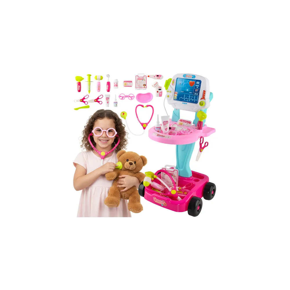 zestaw małego doktora z różowym wózkiem i akcesoriami na tle białym