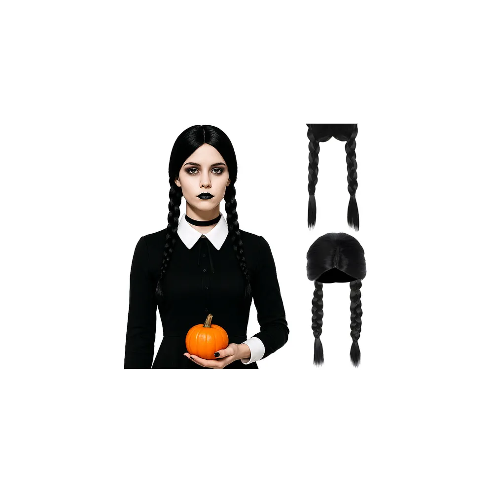 Peruka damska Soulima z długimi czarnymi warkoczami na białym tle