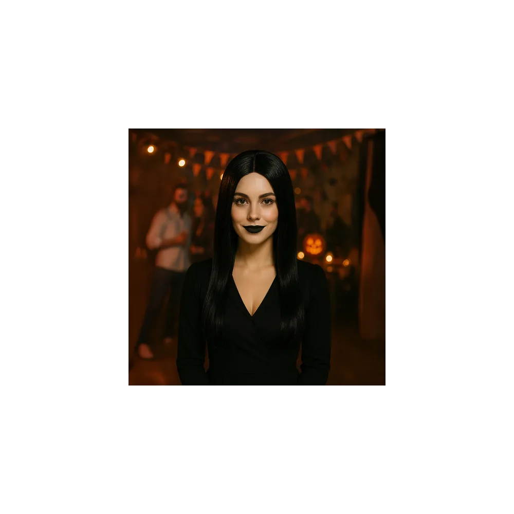 Czarna peruka z długimi warkoczami przygotowana do założenia