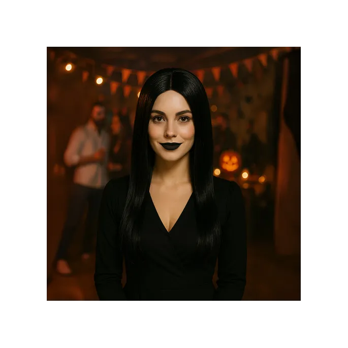 Czarna peruka z długimi warkoczami przygotowana do założenia