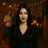 Czarna peruka z długimi warkoczami przygotowana do założenia