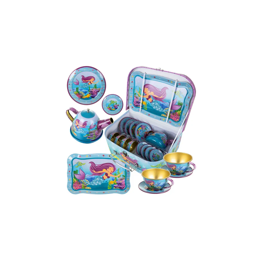 zestaw do herbaty dla dzieci z motywem syrenki na pastelowej tacy