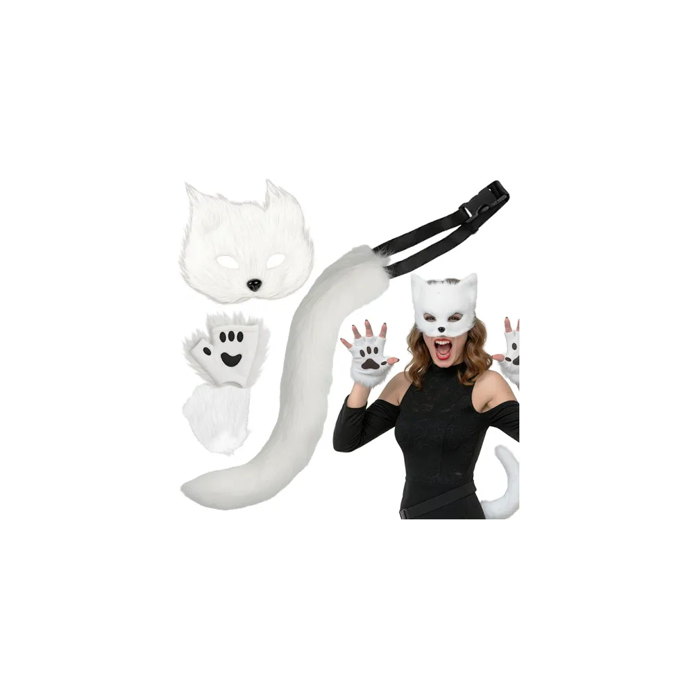 zestaw stroju kota lub lisa w kolorze białym z maską i ogonem
