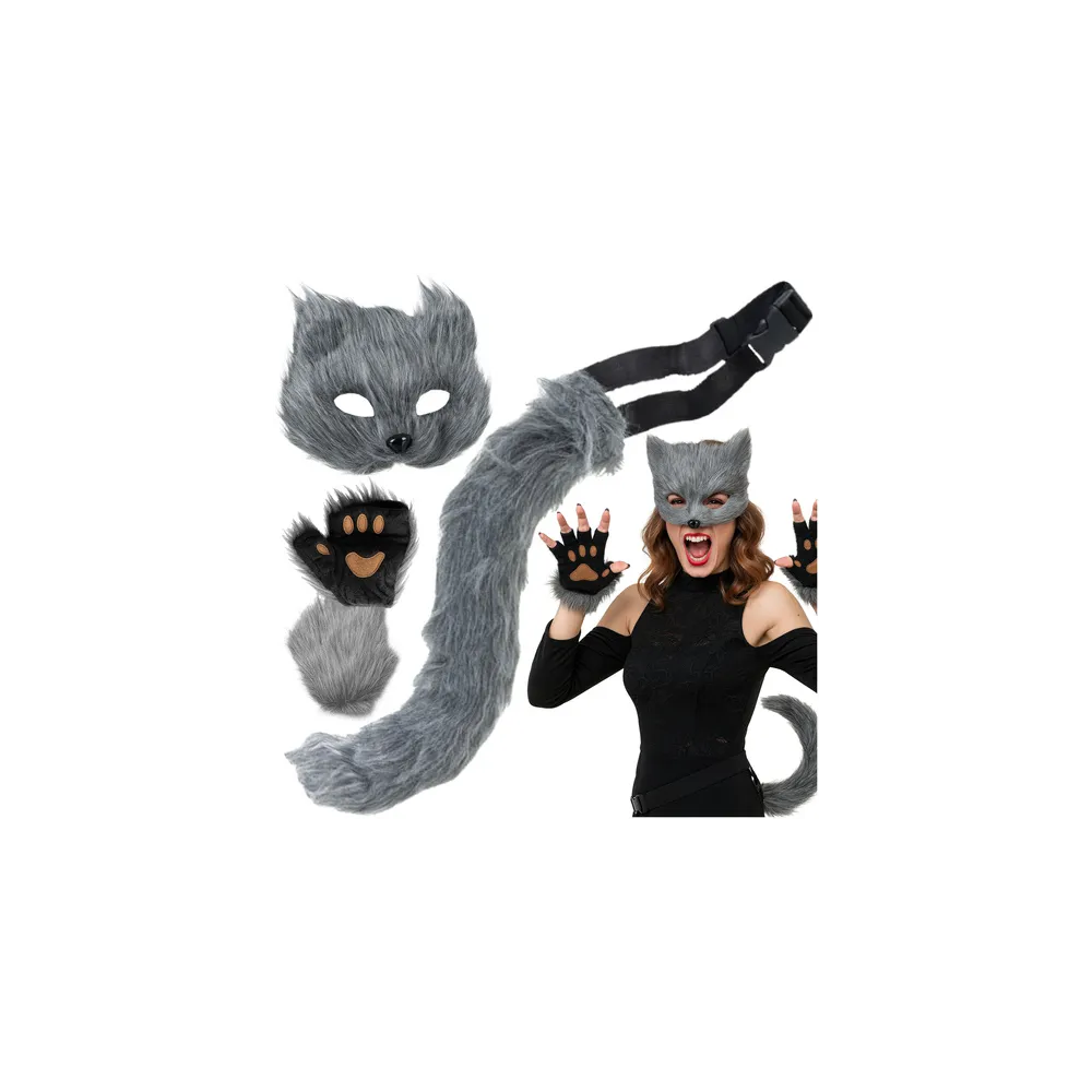 szary strój kota i lisa z maską, ogonem oraz łapkami na tle białym