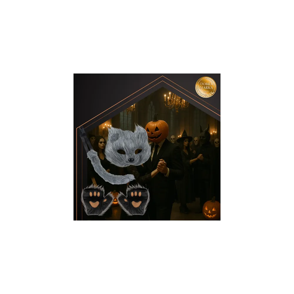 cały zestaw stroju kota/lisa ułożony obok opakowania