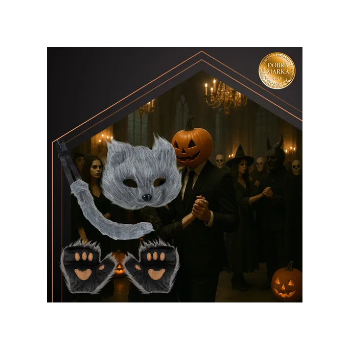 cały zestaw stroju kota/lisa ułożony obok opakowania