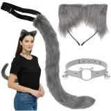 szary strój kota lub lisa z opaską, ogonem i muszką