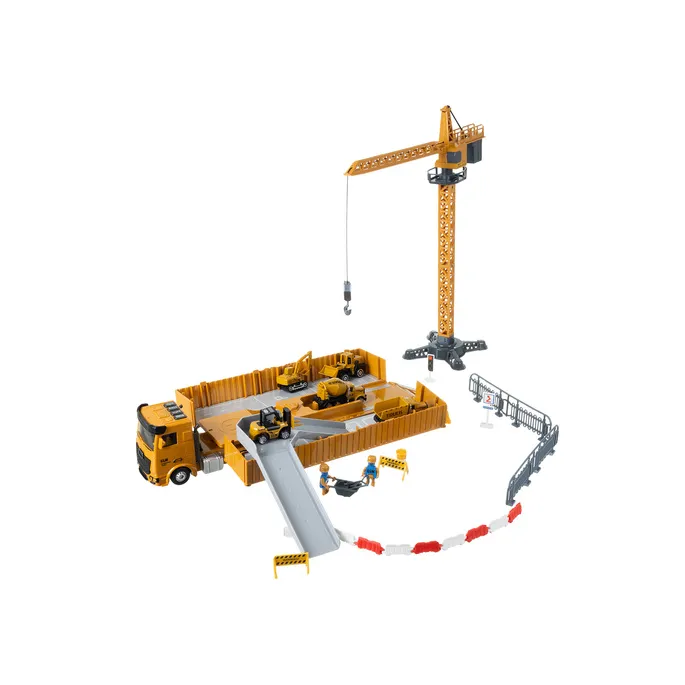 figurka budowlańca stojąca przy barierkach ostrzegawczych