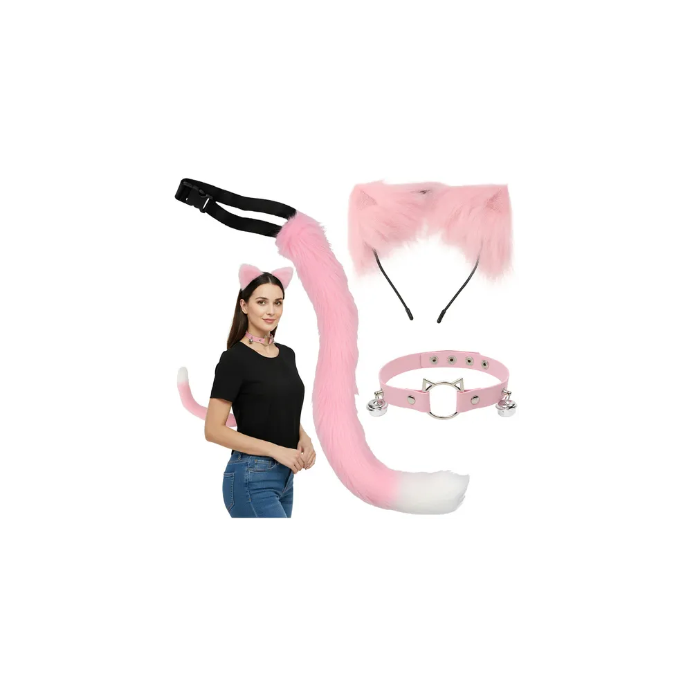 Różowy strój kota lub lisa zestawiony z trzema elementami