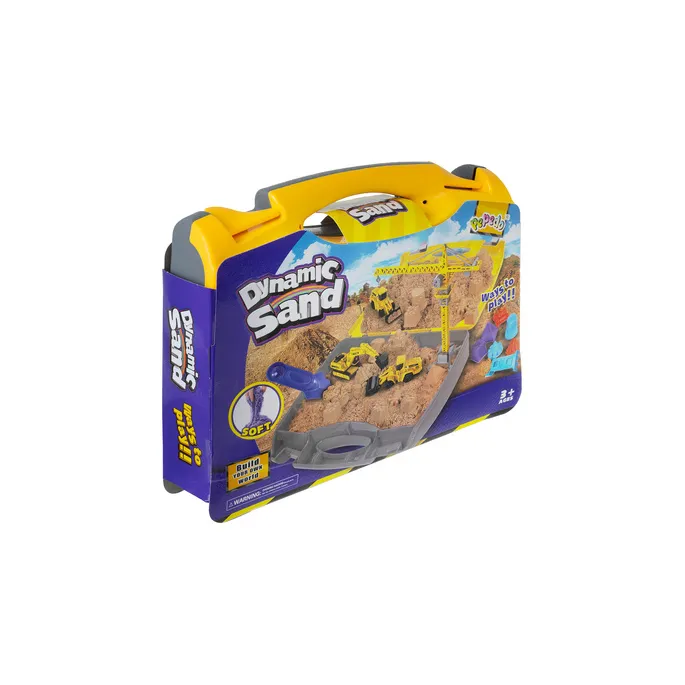 mobilna piaskownica przygotowana do zabawy z pojazdami i dźwigiem