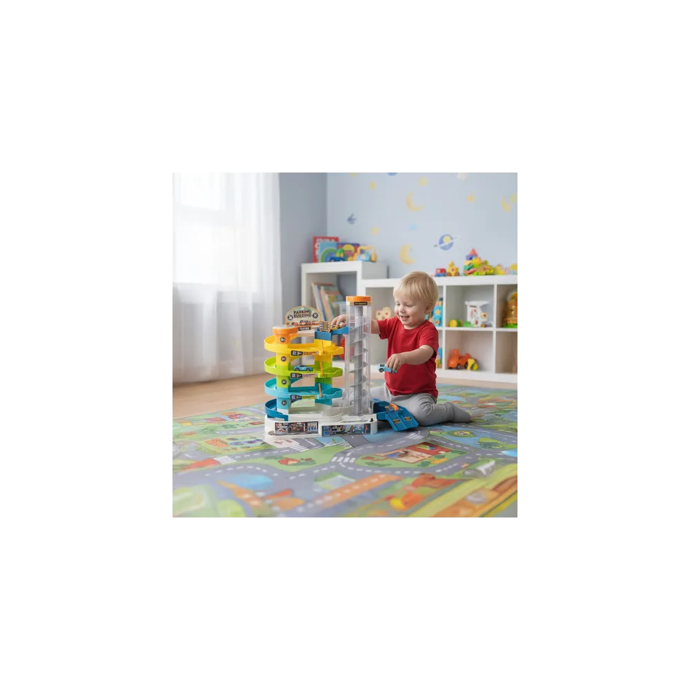 widok całego garażu z zaparkowanymi samochodami