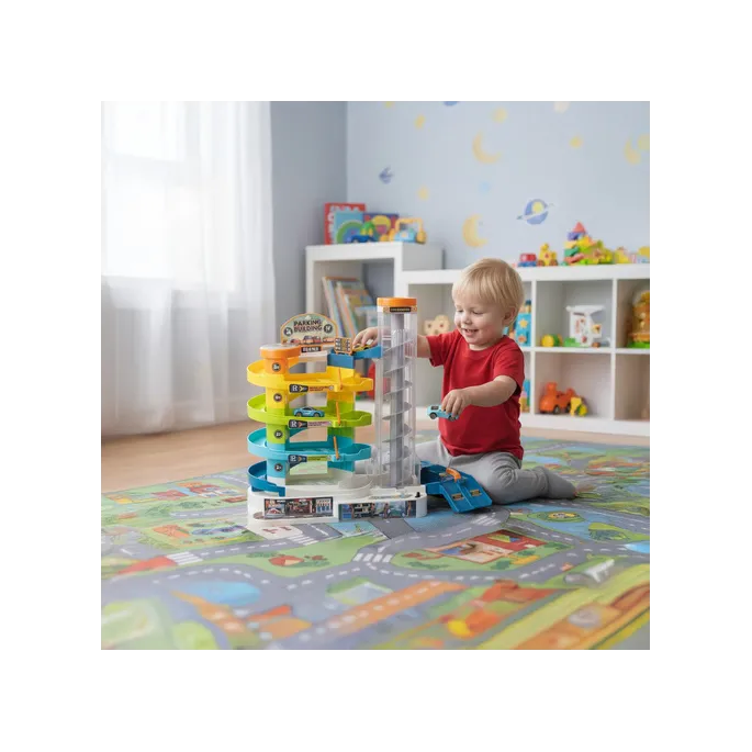 widok całego garażu z zaparkowanymi samochodami