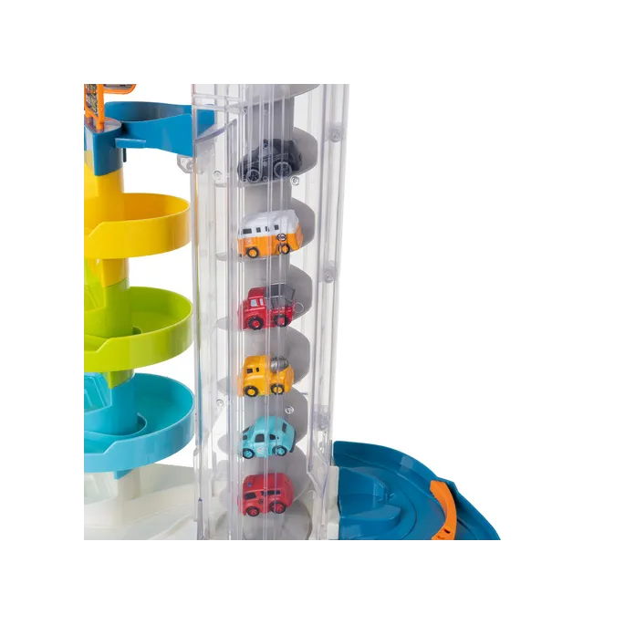 cztery poziomy garażu z pojazdami w ruchu