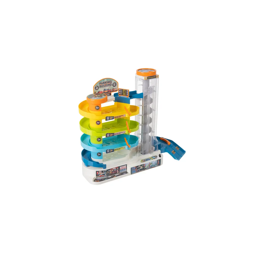 prezentacja zabawkowego parkingu z uchwyconą windą w ruchu