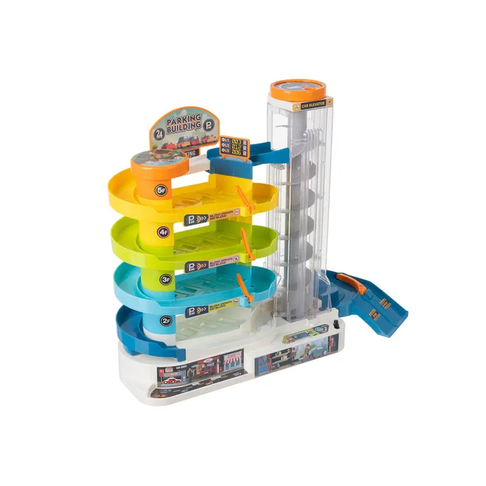 prezentacja zabawkowego parkingu z uchwyconą windą w ruchu