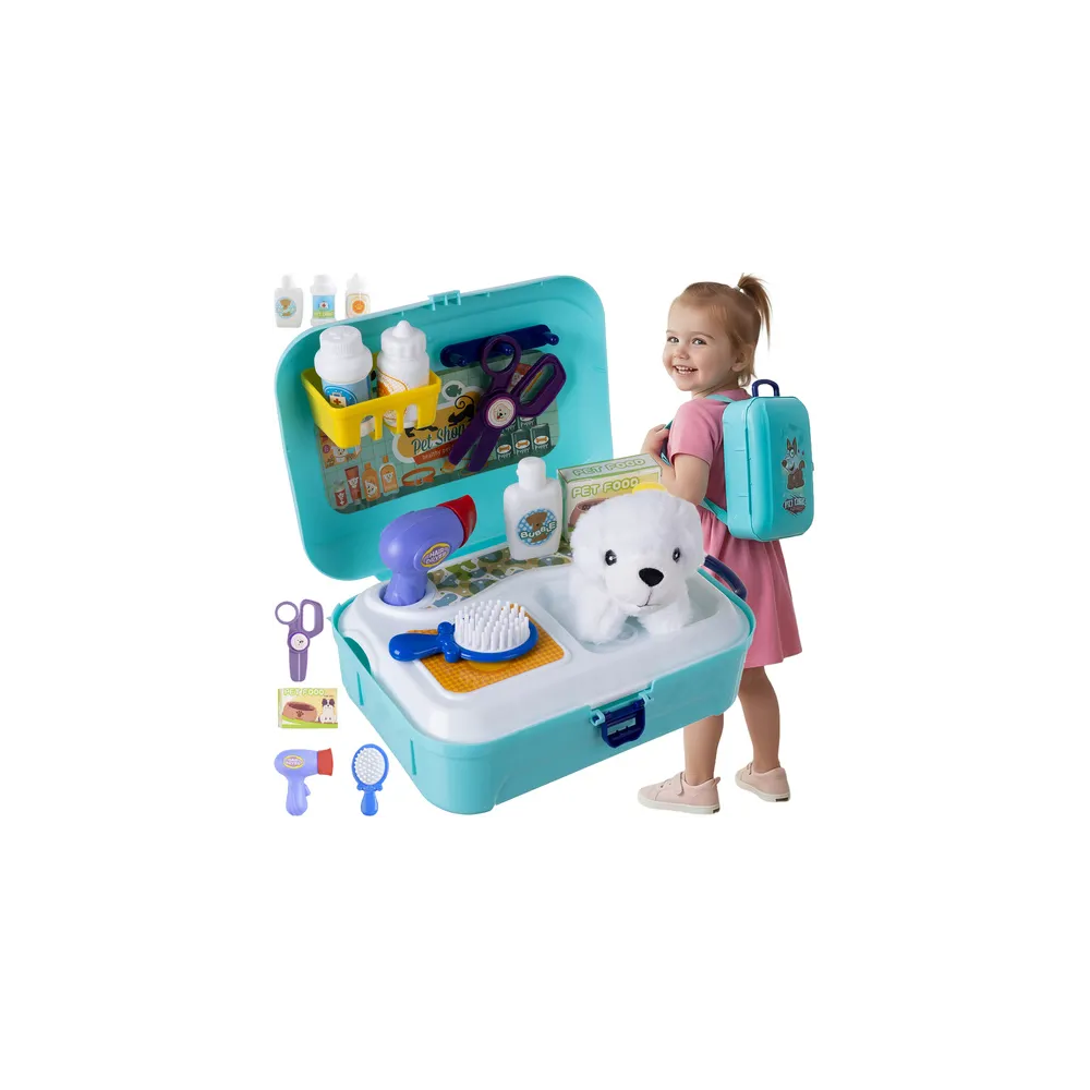 pluszowy piesek z akcesoriami do kąpieli na tle plecaka