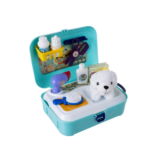 zestaw do kąpania pieska wyjęty z opakowania na białym tle