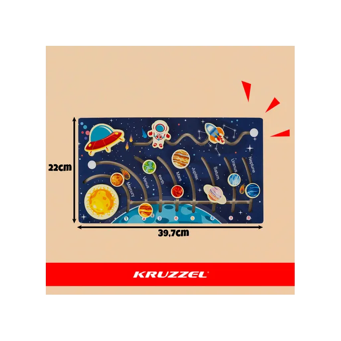 Kolorowe planety i rakieta w drewnianym labiryncie dla dzieci