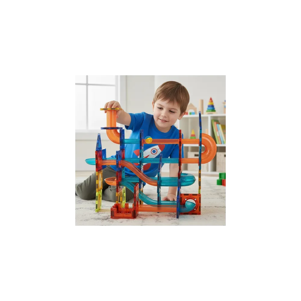 Układ torów kulkowych wykonany z zestawu 96 elementów