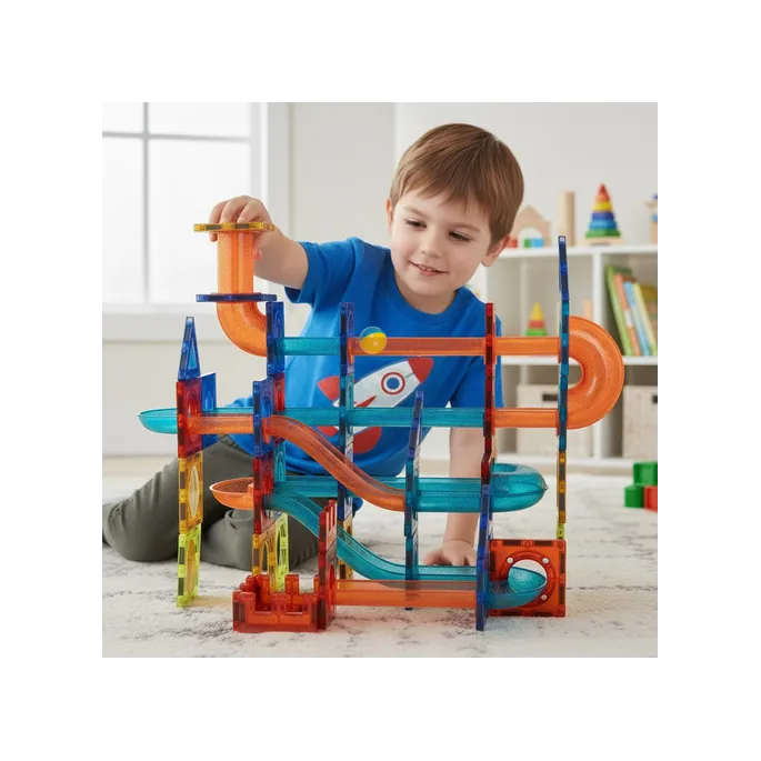 Układ torów kulkowych wykonany z zestawu 96 elementów