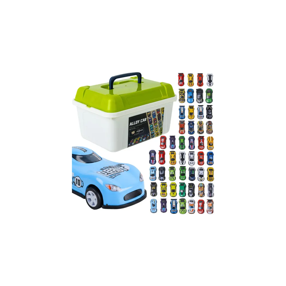 Zestaw samochodzików z napędem w walizce na tle białym