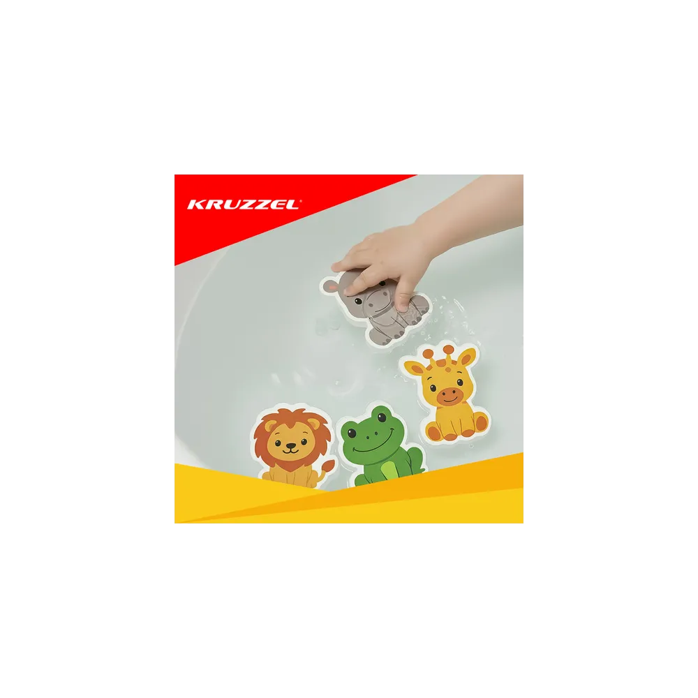 kolorowe piankowe elementy na płytkach łazienki