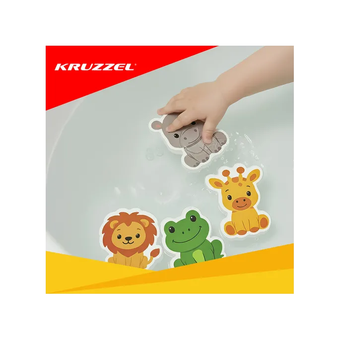 kolorowe piankowe elementy na płytkach łazienki