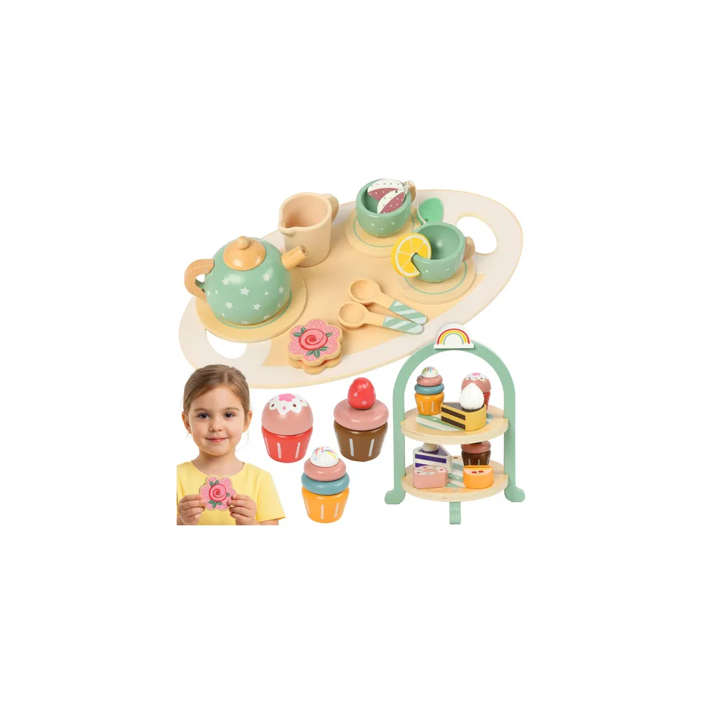 drewniany zestaw do herbaty dla dzieci z pastelowymi elementami
