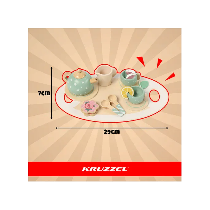 Czajnik z pokrywką oraz filiżanki na drewnianej tacy zabawkowej