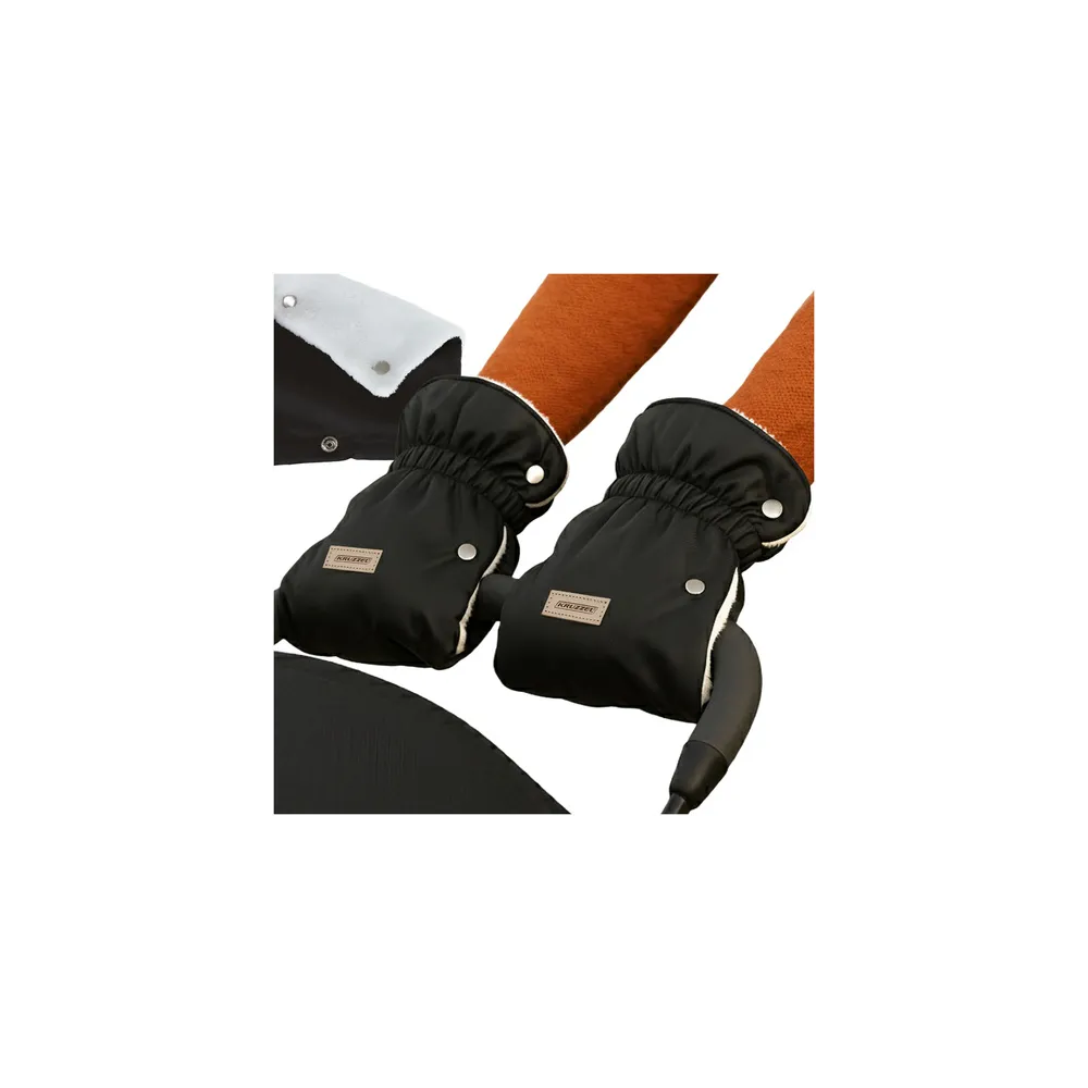 Mufki podwójne czarne Kruzzel zamocowane na rączce wózka dziecięcego