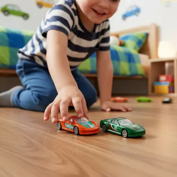 Metalowe autka resoraki rozłożone na płaskiej powierzchni