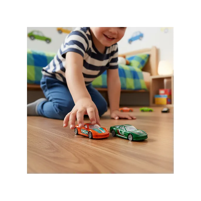 Metalowe autka resoraki rozłożone na płaskiej powierzchni